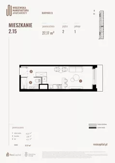 1 pokój, mieszkanie 27,17 m², piętro 2, oferta nr B.02.15., Wima Apartments, Łódź, Widzew, Stary Widzew, al. Piłsudskiego 135