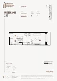 1 pokój, mieszkanie 28,81 m², piętro 2, oferta nr B.02.17., Wima Apartments, Łódź, Widzew, Stary Widzew, al. Piłsudskiego 135