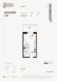 1 pokój, mieszkanie 26,01 m², piętro 2, oferta nr 2.18., Wima Apartments, Łódź, Widzew, Stary Widzew, al. Piłsudskiego 135