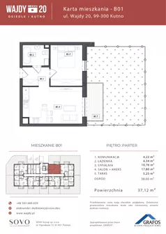 2 pokoje, mieszkanie 35,91 m², piętro 1, oferta nr B12, Osiedle Wajdy 20, Kutno, ul. Andrzeja Wajdy 20