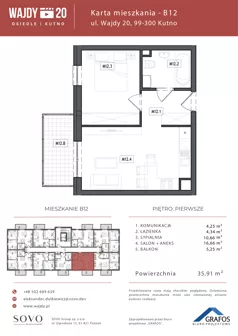 2 pokoje, mieszkanie 35,91 m², piętro 1, oferta nr B12, Osiedle Wajdy 20, Kutno, ul. Andrzeja Wajdy 20