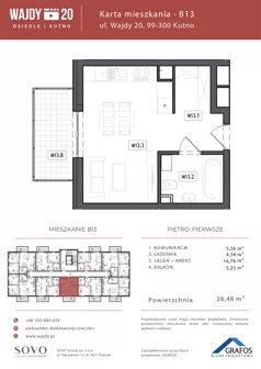 1 pokój, mieszkanie 26,48 m², piętro 1, oferta nr B13, Osiedle Wajdy 20, Kutno, ul. Andrzeja Wajdy 20