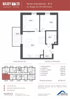 3 pokoje, mieszkanie 45,69 m², piętro 1, oferta nr B15, Osiedle Wajdy 20, Kutno, ul. Andrzeja Wajdy 20