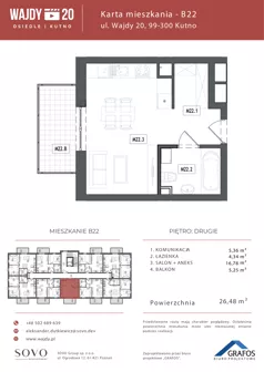 1 pokój, mieszkanie 26,48 m², piętro 2, oferta nr B22, Osiedle Wajdy 20, Kutno, ul. Andrzeja Wajdy 20