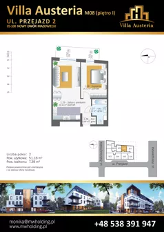 2 pokoje, mieszkanie 51,16 m², piętro 1, oferta nr M08, Villa Austeria, Nowy Dwór Mazowiecki, Kępa Nowodworska, Kępa Nowodworska, ul. Przejazd 2