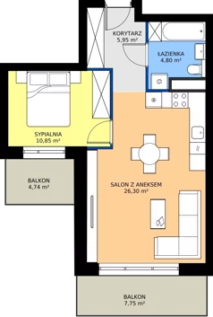 2 pokoje, mieszkanie 47,90 m², piętro 1, oferta nr B1.B.02, Teatralna 3 - budynek B, Sosnowiec, Śródmieście, ul. Teatralna 1