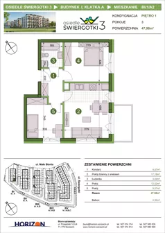 3 pokoje, mieszkanie 47,98 m², piętro 1, oferta nr BI/1/A2, Osiedle Świergotki 3, Szczecin, Północ, Żelechowa, ul. Małe Błonia