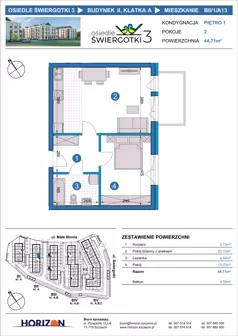 2 pokoje, mieszkanie 44,71 m², piętro 1, oferta nr BII/1/A13, Osiedle Świergotki 3, Szczecin, Północ, Żelechowa, ul. Małe Błonia