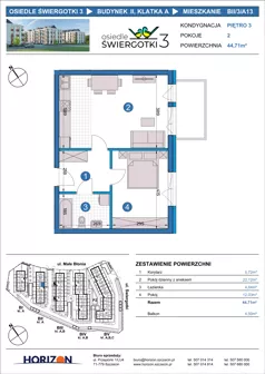 2 pokoje, mieszkanie 44,71 m², piętro 3, oferta nr BII/3/A13, Osiedle Świergotki 3, Szczecin, Północ, Żelechowa, ul. Małe Błonia