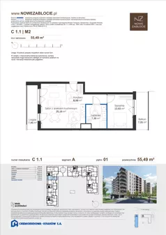 2 pokoje, mieszkanie 55,49 m², piętro 1, oferta nr C 1.1, Nowe Zabłocie, Kraków, Podgórze, Zabłocie, ul. Pana Tadeusza 7