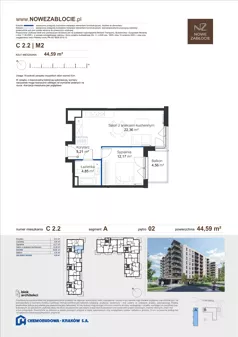2 pokoje, mieszkanie 44,59 m², piętro 2, oferta nr C 2.2, Nowe Zabłocie, Kraków, Podgórze, Zabłocie, ul. Pana Tadeusza 7