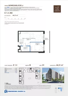 2 pokoje, mieszkanie 44,31 m², piętro 1, oferta nr E 1.3, Nowe Zabłocie, Kraków, Podgórze, Zabłocie, ul. Pana Tadeusza 7