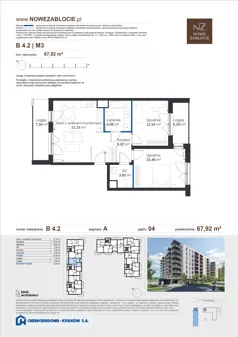 3 pokoje, mieszkanie 67,92 m², piętro 4, oferta nr B 4.2, Nowe Zabłocie, Kraków, Podgórze, Zabłocie, ul. Pana Tadeusza 7