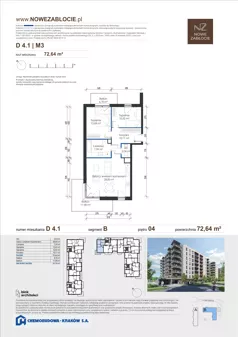 3 pokoje, mieszkanie 72,64 m², piętro 4, oferta nr D 4.1, Nowe Zabłocie, Kraków, Podgórze, Zabłocie, ul. Pana Tadeusza 7