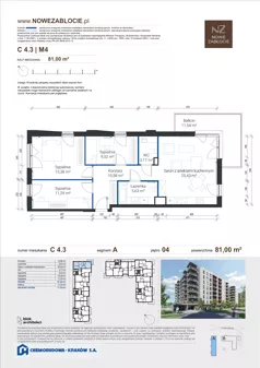 4 pokoje, mieszkanie 81,00 m², piętro 4, oferta nr C 4.3, Nowe Zabłocie, Kraków, Podgórze, Zabłocie, ul. Pana Tadeusza 7