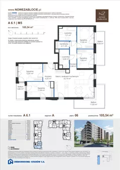 5 pokoi, mieszkanie 105,50 m², piętro 6, oferta nr A 6.1, Nowe Zabłocie, Kraków, Podgórze, Zabłocie, ul. Pana Tadeusza 7