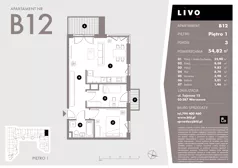 3 pokoje, mieszkanie 54,82 m², piętro 1, oferta nr B12, Livo, Warszawa, Białołęka, Grodzisk, ul. Tajemna 12