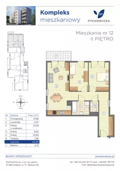 3 pokoje, mieszkanie 62,08 m², piętro 2, oferta nr 12, Pychowicka 27, Kraków, Dębniki, Zakrzówek, ul. Pychowicka 27
