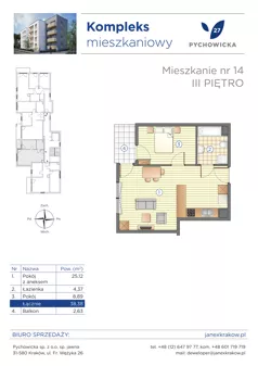 2 pokoje, mieszkanie 38,38 m², piętro 3, oferta nr 14, Pychowicka 27, Kraków, Dębniki, Zakrzówek, ul. Pychowicka 27