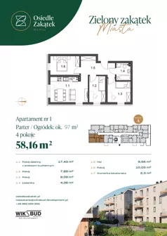 3 pokoje, mieszkanie 58,16 m², parter, oferta nr 1, Osiedle Zakątek, Rypin, ul. 3 Maja 1A