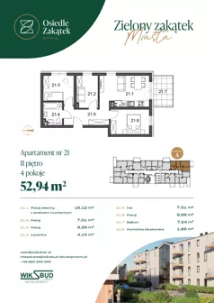 3 pokoje, mieszkanie 52,94 m², piętro 2, oferta nr 21, Osiedle Zakątek, Rypin, ul. 3 Maja 1A