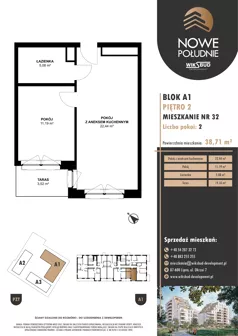 2 pokoje, mieszkanie 38,71 m², piętro 2, oferta nr M.A1.02.32, Nowe Południe, Włocławek, Południe, ul. Kazimierza Łady 10