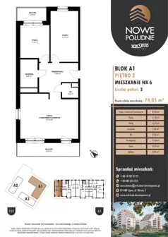 3 pokoje, mieszkanie 74,05 m², piętro 2, oferta nr M.A1.02.06, Nowe Południe, Włocławek, Południe, ul. Kazimierza Łady 10