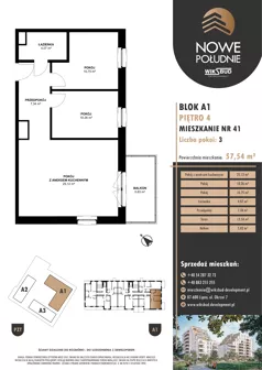 3 pokoje, mieszkanie 57,54 m², piętro 4, oferta nr M.A1.04.41, Nowe Południe, Włocławek, Południe, ul. Kazimierza Łady 10