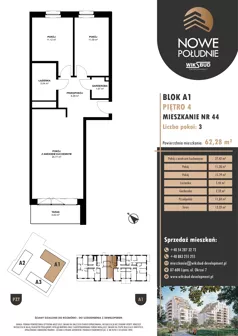 3 pokoje, mieszkanie 62,28 m², piętro 4, oferta nr M.A1.04.44, Nowe Południe, Włocławek, Południe, ul. Kazimierza Łady 10