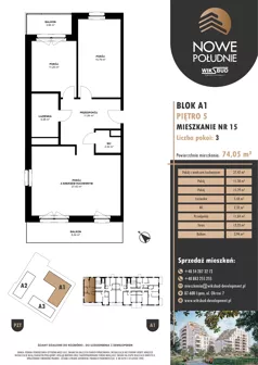 3 pokoje, mieszkanie 74,05 m², piętro 5, oferta nr M.A1.05.15, Nowe Południe, Włocławek, Południe, ul. Kazimierza Łady 10