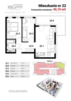 2 pokoje, mieszkanie 45,15 m², piętro 3, oferta nr L22, Osiedle Nowa 23, Brześć Kujawski, ul. Nowa 23