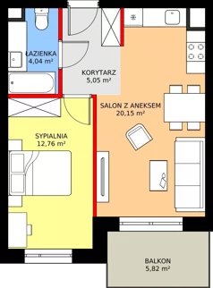 2 pokoje, mieszkanie 42,51 m², piętro 6, oferta nr K1.37, Elzam Tower, Elbląg, ul. Oboźna