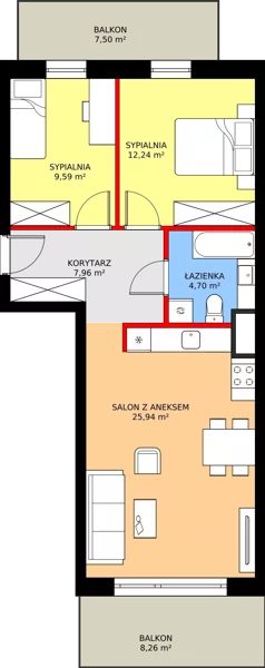 3 pokoje, mieszkanie 61,34 m², piętro 2, oferta nr K1.08, Elzam Tower, Elbląg, ul. Oboźna