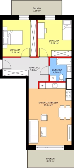 3 pokoje, mieszkanie 65,38 m², piętro 3, oferta nr K2.13, Elzam Tower, Elbląg, ul. Oboźna