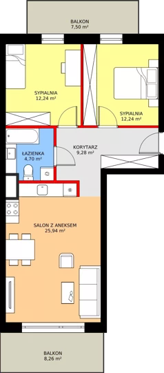 3 pokoje, mieszkanie 65,38 m², piętro 4, oferta nr K2.20, Elzam Tower, Elbląg, ul. Oboźna