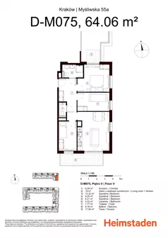 4 pokoje, mieszkanie 64,06 m², piętro 5, oferta nr M75, Heimstaden Myśliwska, Kraków, Podgórze, Płaszów, ul. Myśliwska 55A