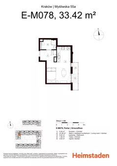 1 pokój, mieszkanie 33,42 m², parter, oferta nr M78, Heimstaden Myśliwska, Kraków, Podgórze, Płaszów, ul. Myśliwska 55A