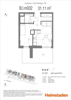 2 pokoje, mieszkanie 31,11 m², parter, oferta nr 7B.M002, Heimstaden Orlińskiego, Kraków, Czyżyny, ul. Orlińskiego 7B