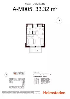 2 pokoje, mieszkanie 33,32 m², piętro 1, oferta nr M5, Heimstaden Myśliwska, Kraków, Podgórze, Płaszów, ul. Myśliwska 55A