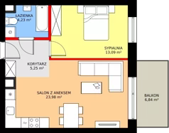 2 pokoje, mieszkanie 46,55 m², piętro 1, oferta nr 62A, Osiedle Farbiarska, Tomaszów Mazowiecki, ul. Farbiarska 28, 32, 34