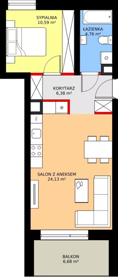 2 pokoje, mieszkanie 45,86 m², piętro 3, oferta nr 49A, Osiedle Farbiarska, Tomaszów Mazowiecki, ul. Farbiarska 28, 32, 34