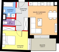 2 pokoje, mieszkanie 47,67 m², piętro 1, oferta nr 59B, Osiedle Farbiarska, Tomaszów Mazowiecki, ul. Farbiarska 28, 32, 34