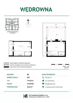1 pokój, mieszkanie 65,48 m², piętro 3, oferta nr B2-M31, Osiedle Wędrowna, Lublin, Sławin, ul. Wędrowna