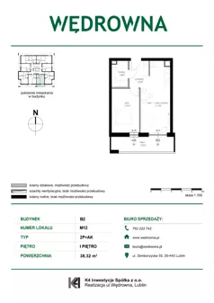 2 pokoje, mieszkanie 38,32 m², piętro 1, oferta nr B2-M12, Osiedle Wędrowna, Lublin, Sławin, ul. Wędrowna