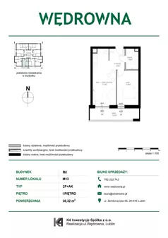 2 pokoje, mieszkanie 38,32 m², piętro 1, oferta nr B2-M13, Osiedle Wędrowna, Lublin, Sławin, ul. Wędrowna