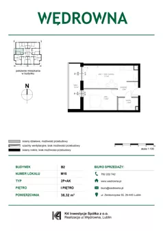 2 pokoje, mieszkanie 38,32 m², piętro 1, oferta nr B2-M15, Osiedle Wędrowna, Lublin, Sławin, ul. Wędrowna