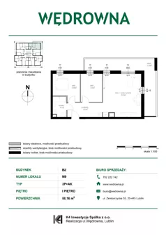 3 pokoje, mieszkanie 58,16 m², piętro 1, oferta nr M9, Osiedle Wędrowna bud. B2, Lublin, Sławin, ul. Wędrowna