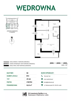 3 pokoje, mieszkanie 52,03 m², piętro 1, oferta nr M14, Osiedle Wędrowna bud. B2, Lublin, Sławin, ul. Wędrowna