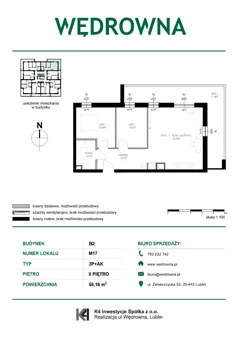 3 pokoje, mieszkanie 58,16 m², piętro 2, oferta nr M17, Osiedle Wędrowna bud. B2, Lublin, Sławin, ul. Wędrowna