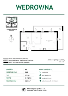 3 pokoje, mieszkanie 58,16 m², piętro 3, oferta nr M25, Osiedle Wędrowna bud. B2, Lublin, Sławin, ul. Wędrowna